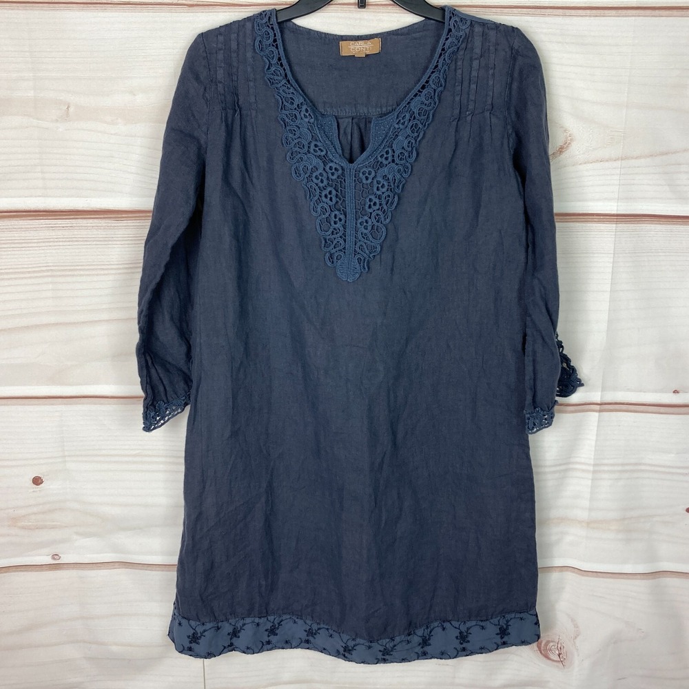 Carla Conti Dress Women S Gray Linen Shift 3/4 Sleeve Crochet Hem Pullover Solid